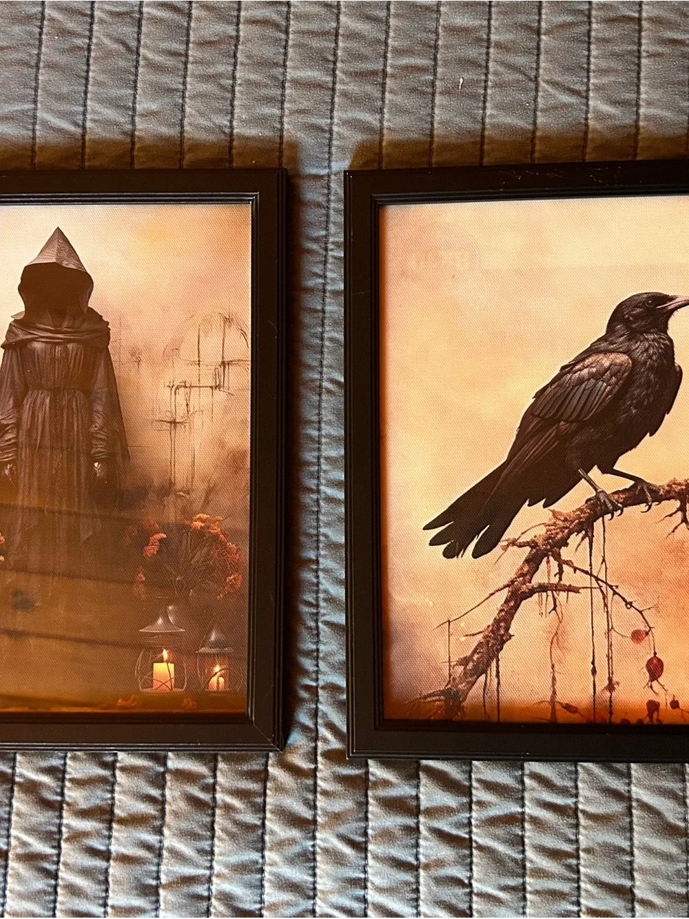 Framed Black Gothic Crow and Hooded Figure Art Prints - Black Frames